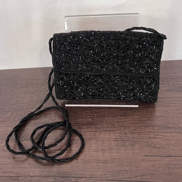 Vintage Inge Christopher Beaded Black Unstructured Crossbody Evening Bag - Picture 1 of 5